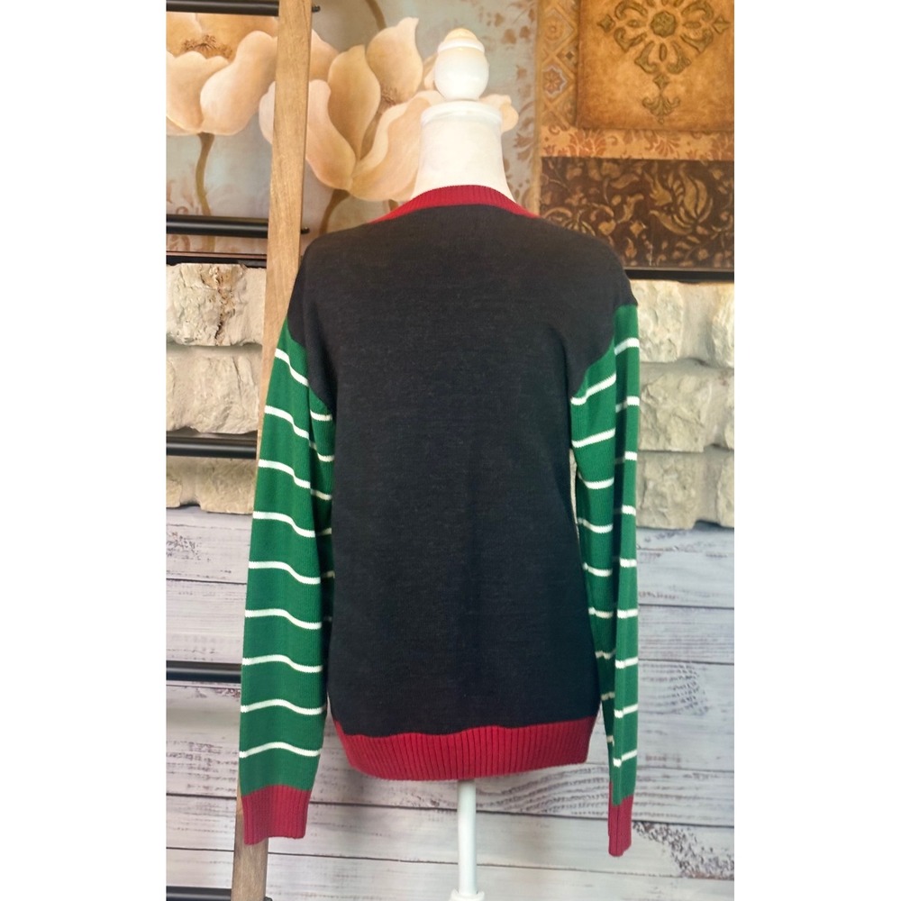 Ugly Christmas Sweater Elf Body Graphic Striped Sleeve Knit Size Large - Picture 2 of 8
